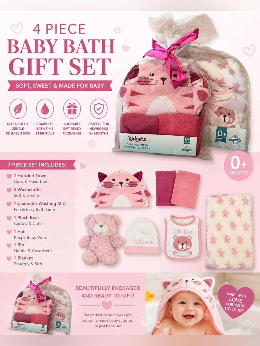New Baby Bath Gift Set – 7 Piece Pink Baby Girl Bundle | Hooded Towel, Blanket,